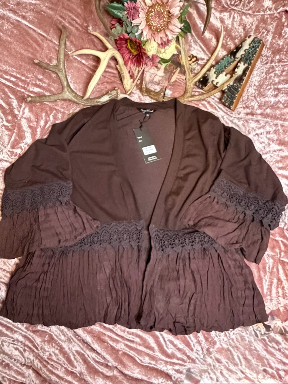 Young Threads NWT 2X Brown Lace Ruffle Bell Sleeve Boho Cardigan Kimono